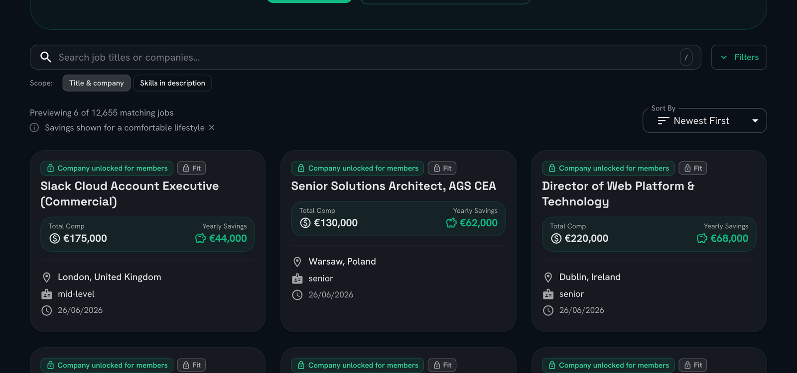Euro Top Tech job board — searchable, filterable listings of high-paying European tech roles with compensation and yearly savings